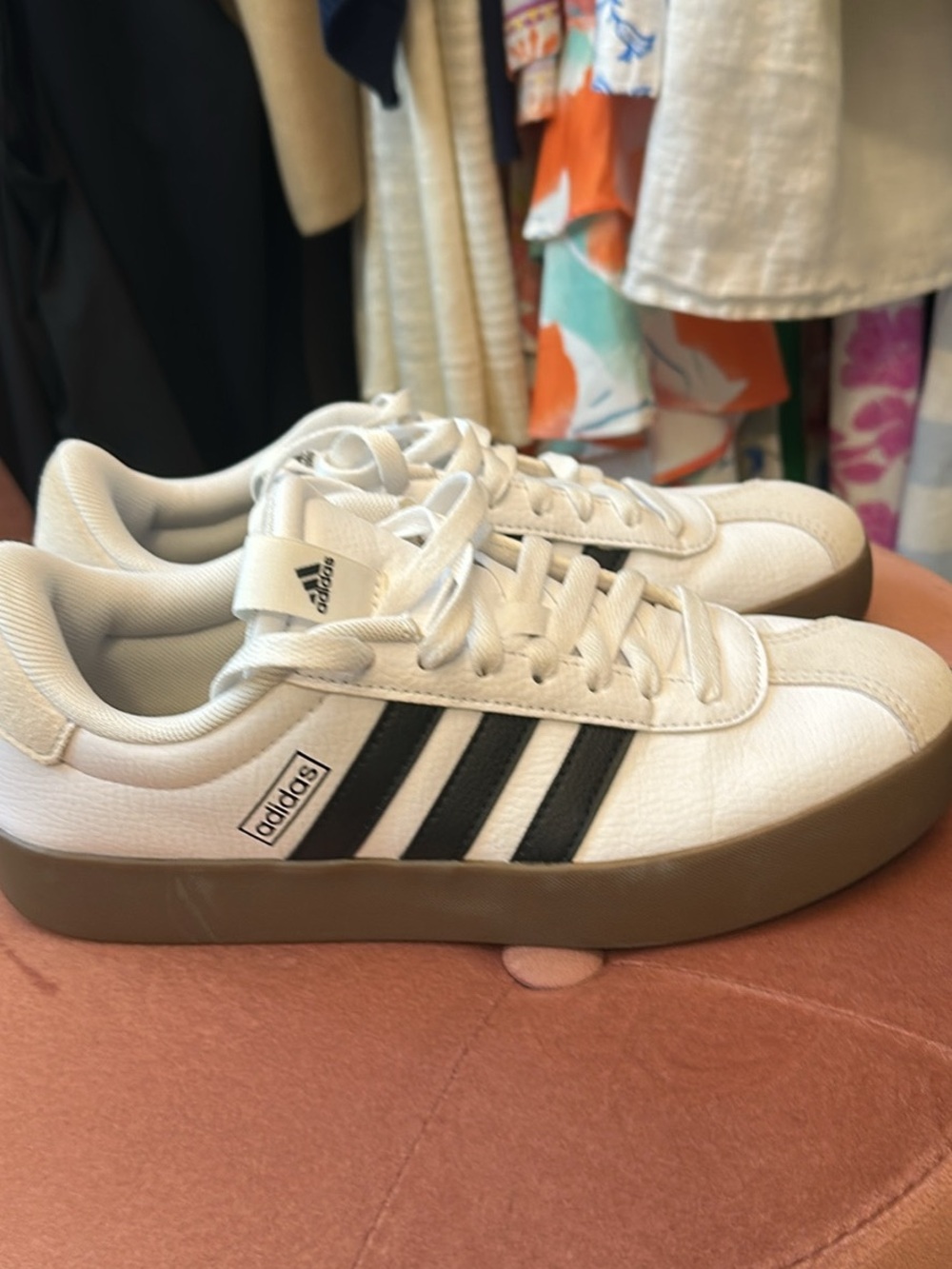 Women’s Adidas White Sneakers with Black Stripes